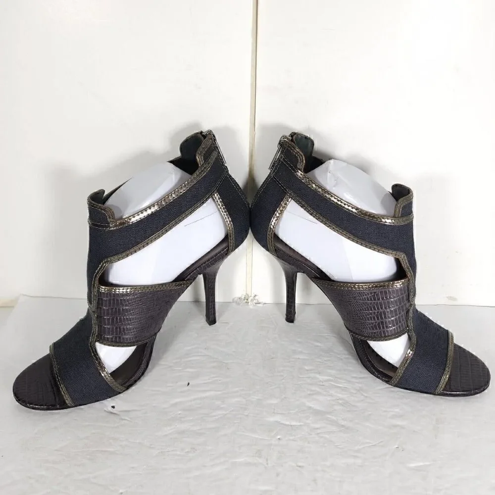 Tory Burch Women's US 10M Blue Canvas Leather Animal Print Cut-Out Heeled Sandal